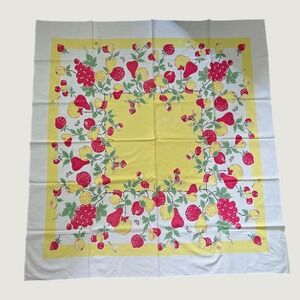 Vintage Mid Century Fruit Berry Tablecloth Yellow Red White Rectangle 50x46
